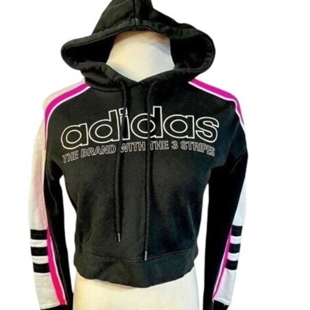 Adidas Black Cropped Hoodie Pink White Trim Size 2XS